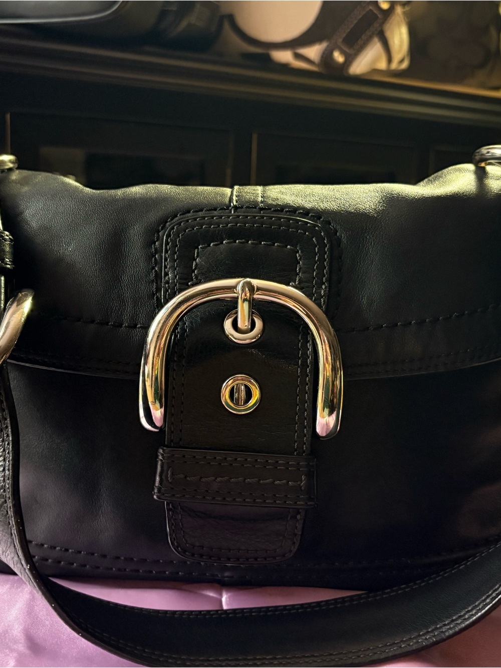 Coach Soho Black Leather Shoulder Bag with Silver-Tone Buckle F13105